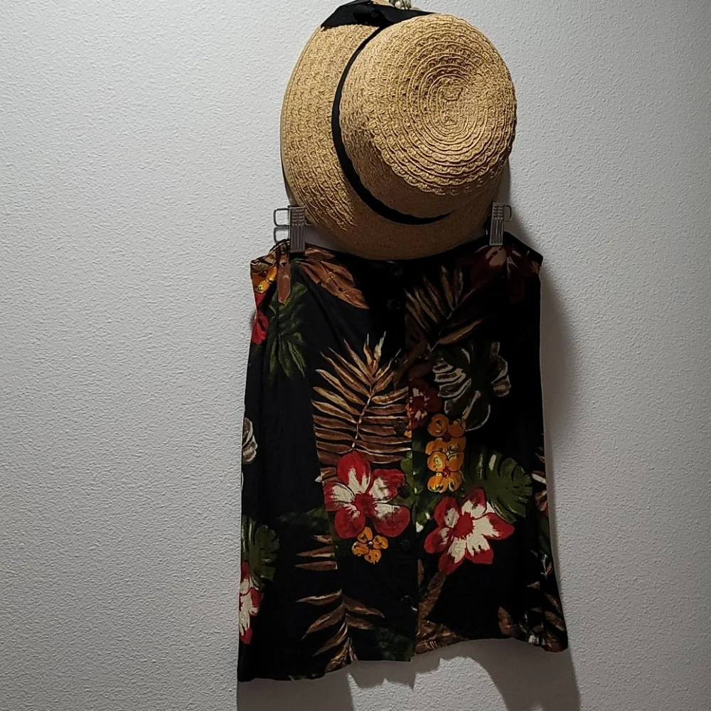 SERENDIPITY FLORAL MINI SKIRT BLACK TROPICAL PRINT BUTTON DOWN RAYON DRESS XL - Picture 1 of 10